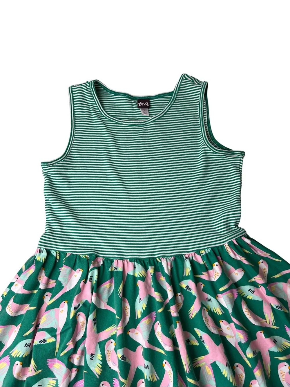 Tea Girls Size 12 Mixed Print Birds/Stripes Green/Pink Sleeveless Skater Dress